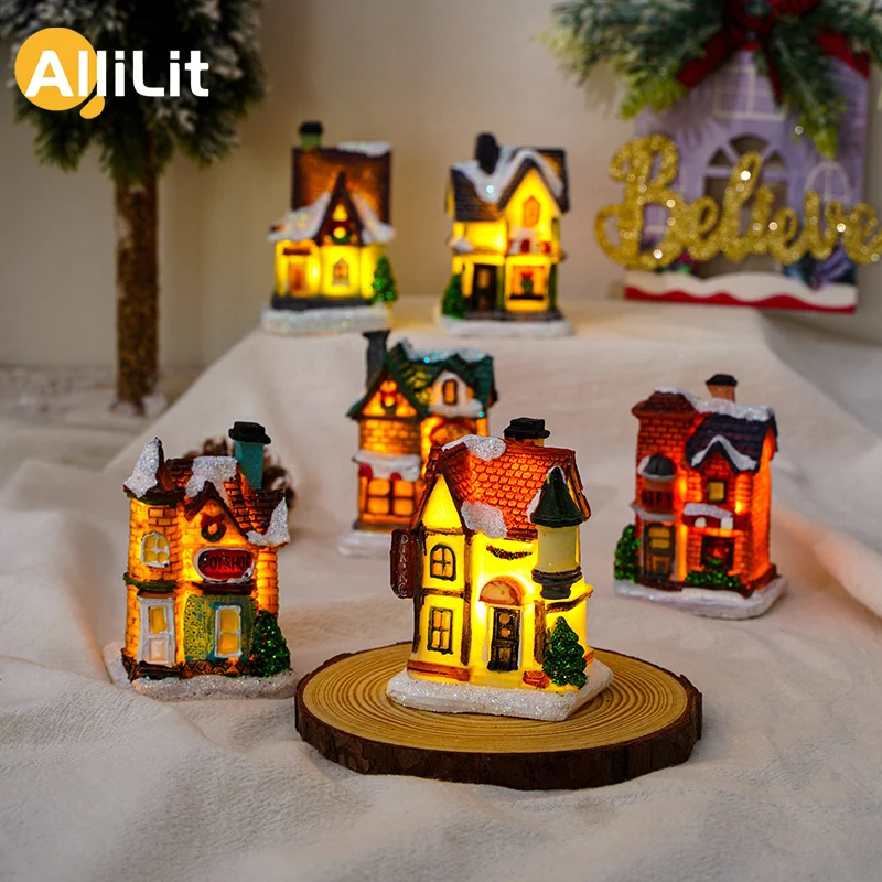 AlliLit LED Night Light Christmas Ornaments Luminous Castle Snow House Xmas Decoration for Home New Year 2024 Navidad Noel