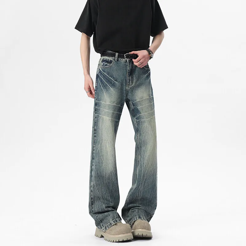 WTHT موضة الرجال التدرج الملمس تفعل القديم فضفاض الدنيم السراويل خمر 2025 الصيف شارع العليا واسعة الساق جينز غير رسمي الذكور 2A0953