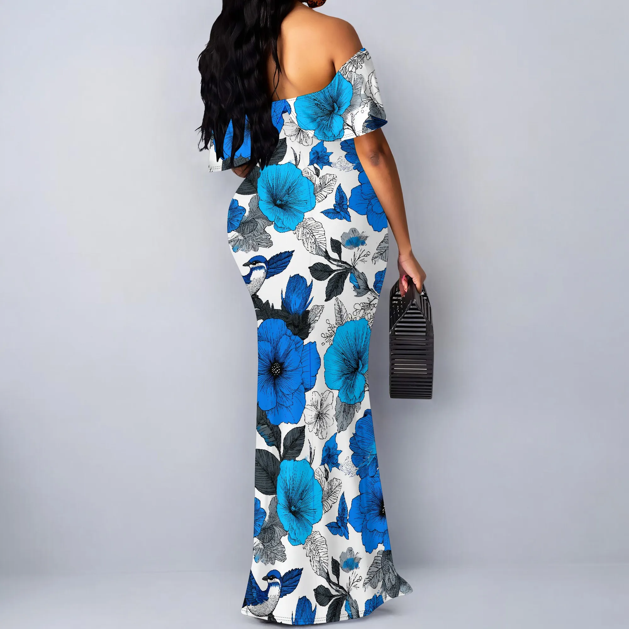 ผู้หญิงเซ็กซี่ฤดูร้อนปิดไหล่ Maxi ชุดดอกไม้ Ruffle ชุดราตรียาวชุด