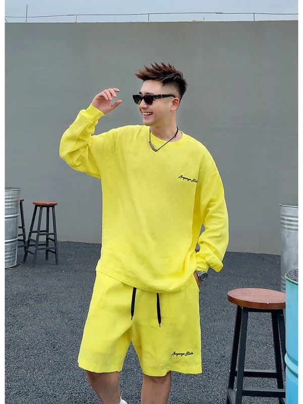

Летний мужской повседневный спортивный костюм 2025 года: модный свитшот и брюки из хлопковой смесовой ткани, комплект из двух предметов для молодежи, длинный рукав