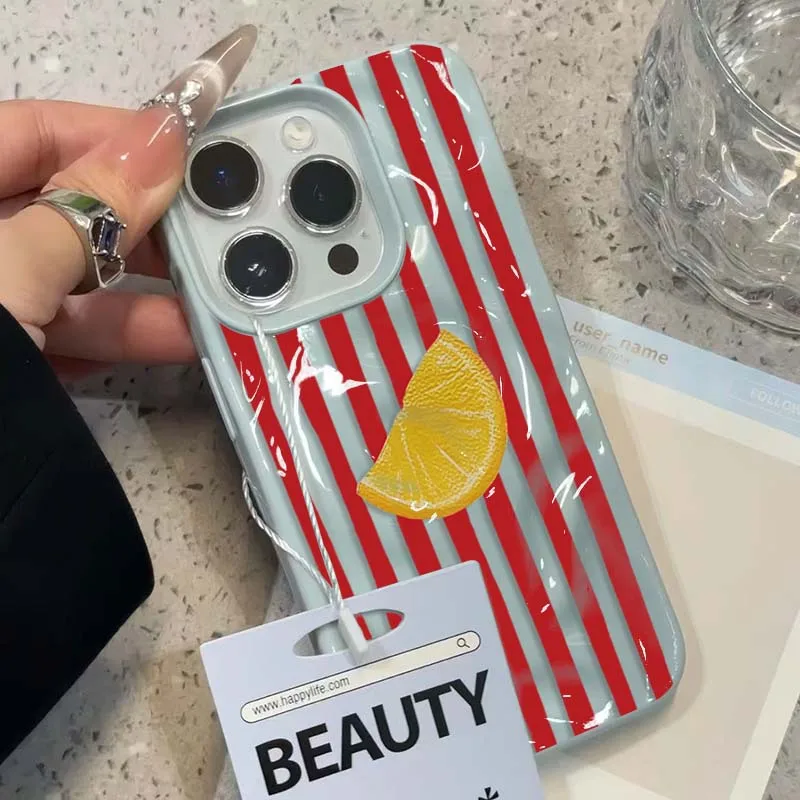 Holiday Lemon Red Stripe Lemon Phone Case for IPhone 16 15 14 13 12 11 Pro Max 13 Plus 12 Pro Folds Texture Soft TPU Cover Funda