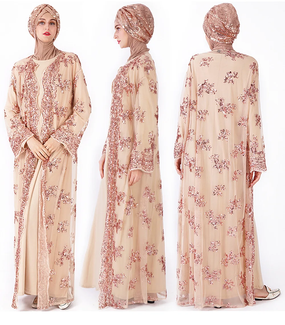 Luxury Rose Gold Sequin Dubai Evening Dress With Cardigan Elegant Arabic Muslim Long Sleeve Prom Dresses 2022 Formal Caftan Robe