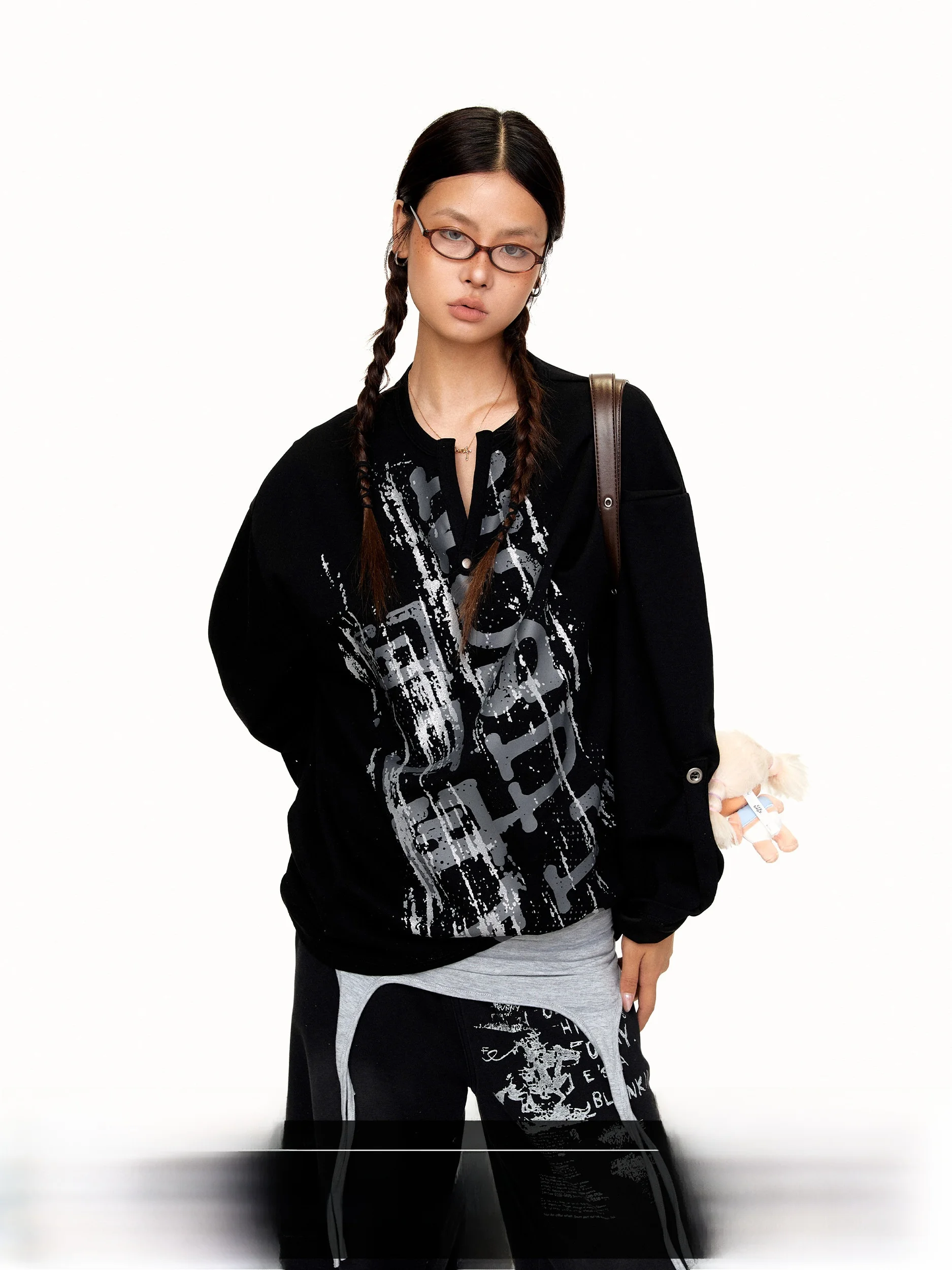 Loose Fit Punk Style Long Sleeve T-Shirt Women's Silver Heat Transfer Letter Print V-Neck Lazy Sensation Casual Top