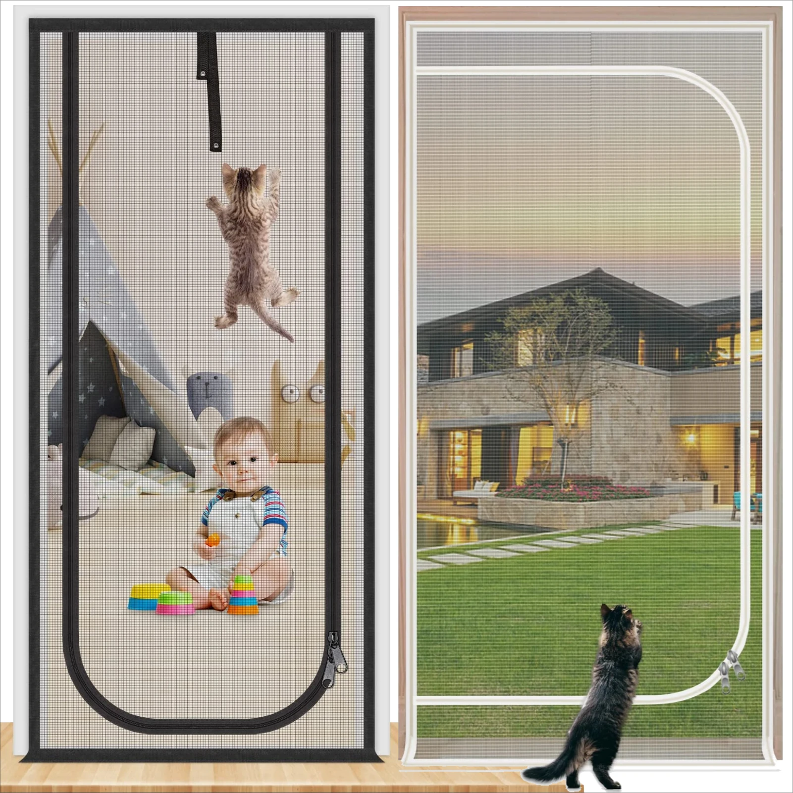 Pet Screen Curtain Fits  32”X82” Door Heavy Duty Pets Scrath Proof Mesh with Zipper Closure For Home Bedroom Living Room Kitchen