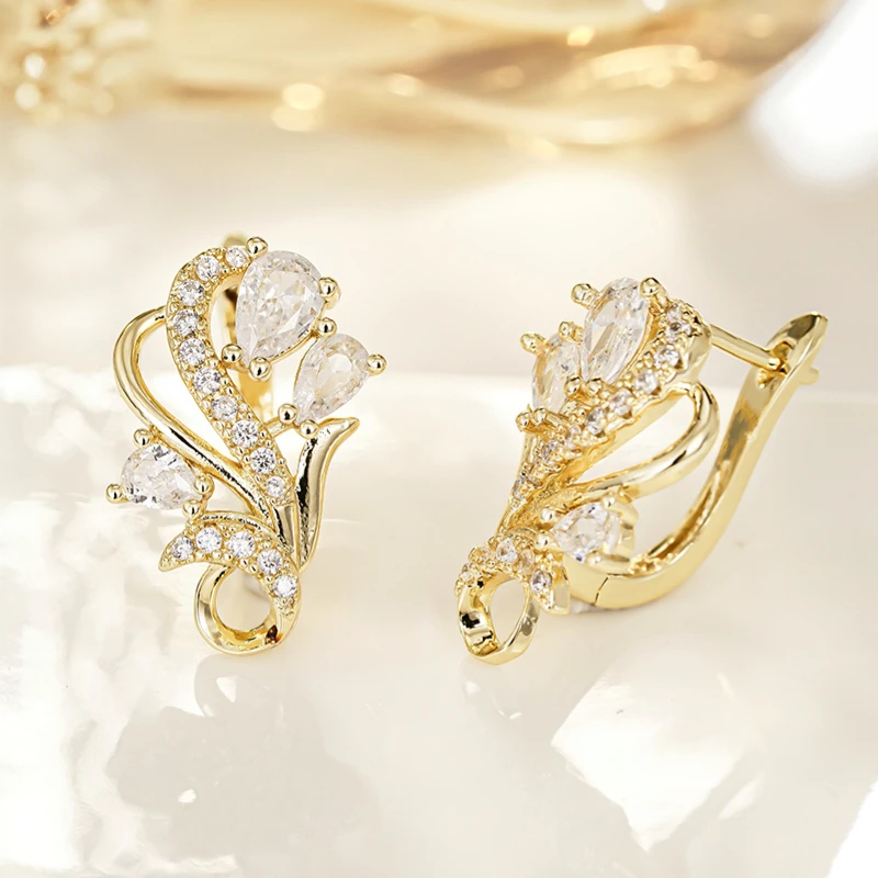 Huitan Gold Color Flower U Hoop Earrings for Women Aesthetic Luxury Wedding Earrings Sparkling Cubic Zirconia New Trendy Jewelry