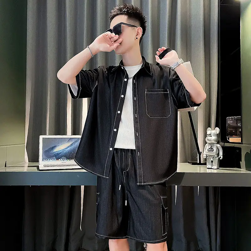 3-B13  A complete set of summer men\'s clothing for handsome and fashionabl 024 new summer casual denim short-sleeved shorts suit