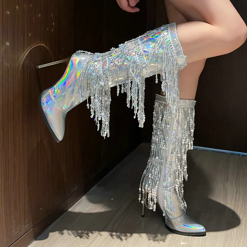 Bling Bling Wedding Shining Boots With Sequined Fringes Tassels Zip Up Pointed Toe Super Thin High Heels Mid-calf Women Boots