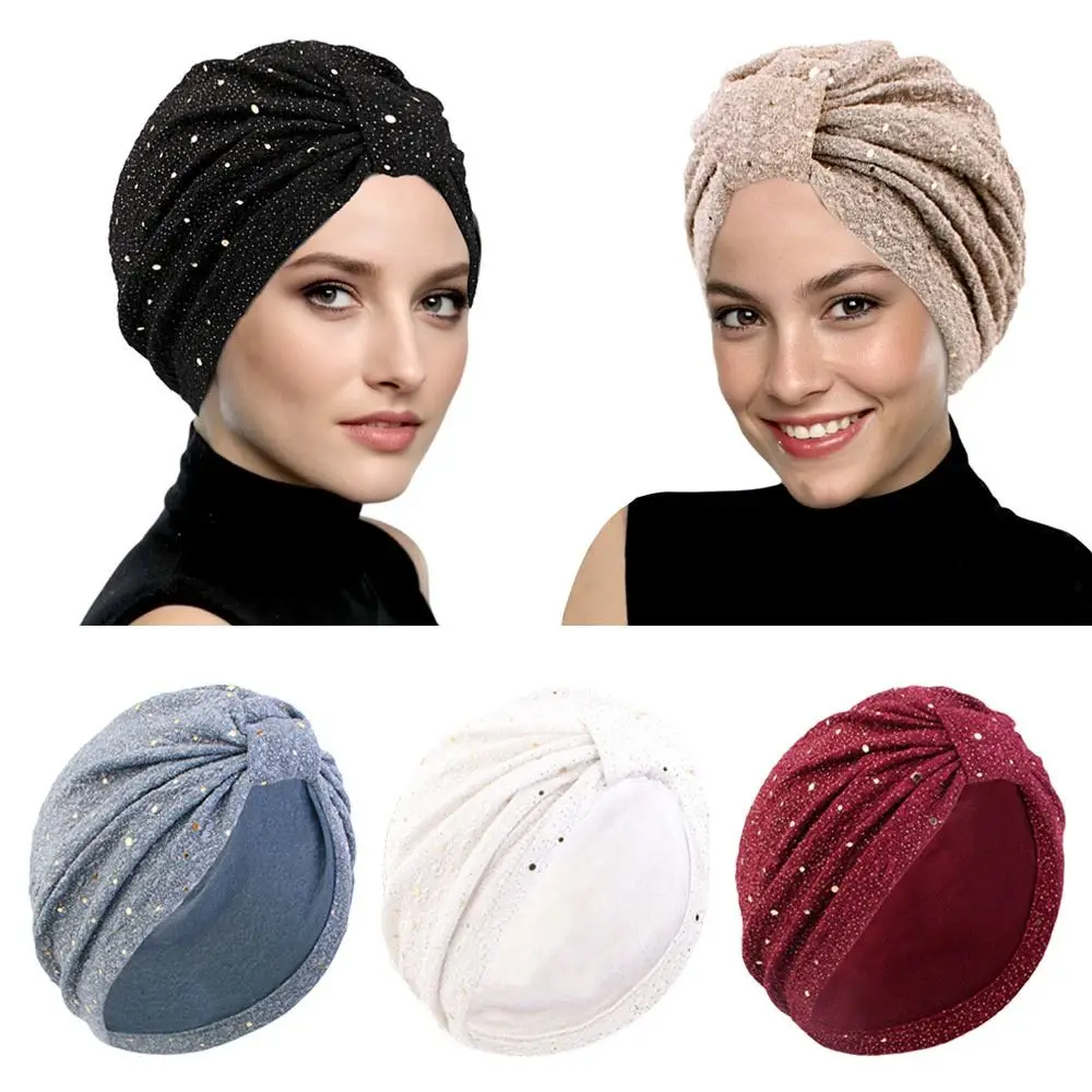 Casual Sequin Turban Indian Hat Shiny Women Beanie Bonnet Knotted Muslim Hijab