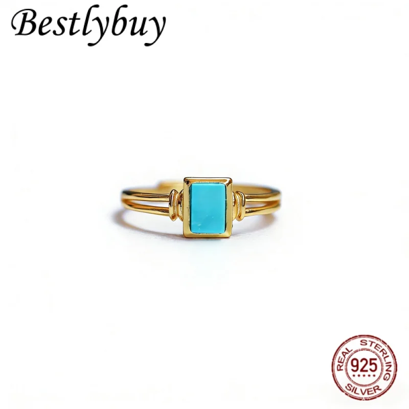 

Natural Turquoise Square Ring 925 Sterling Silver Plated 18K Gold Simple And Luxurious French Women's Exquisite Jewelry Gift