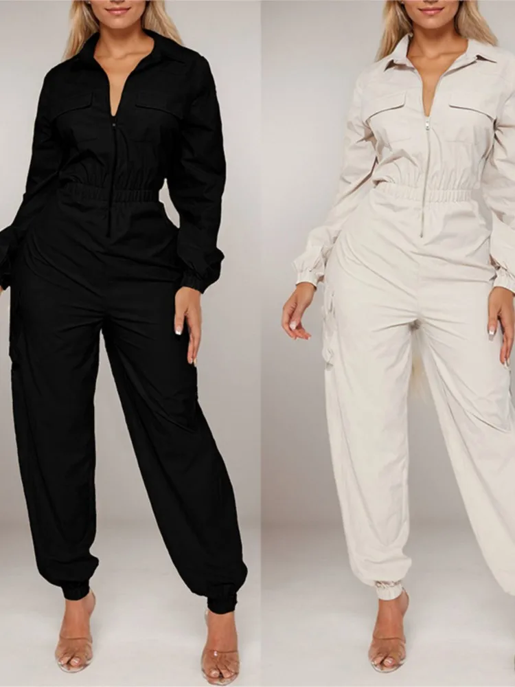 Work Jumpsuit Women\'s Pocket Elastic Waist Zipper Jumpsuit New Style Autumn Fashion Elegant Casual Long Sleeve Jumpsuits