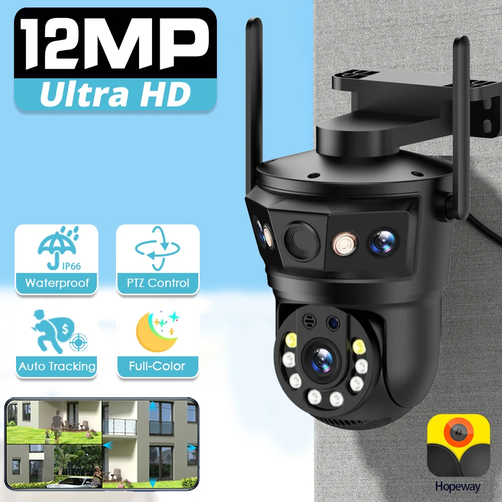 

6K 12 МП Wi-Fi IP-камера с тремя объективами, тройным экраном, 8-кратным зумом, PTZ, автоматическим отслеживанием, для наружного видеонаблюдения и защиты