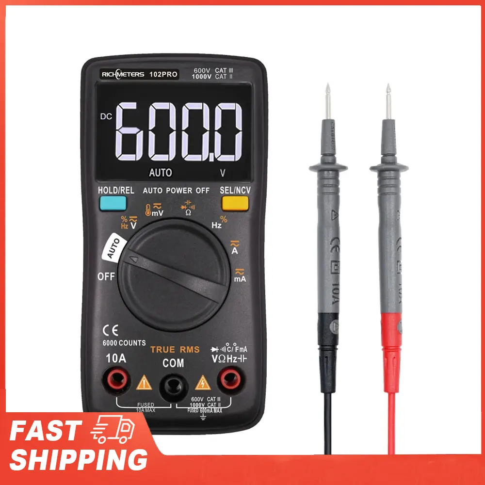 

RM102Pro Автоматический мультиметр 6000 отсчетов Подсветка Амперметр переменного/постоянного тока Вольтметр Диод Сопротивление Емкость Температура