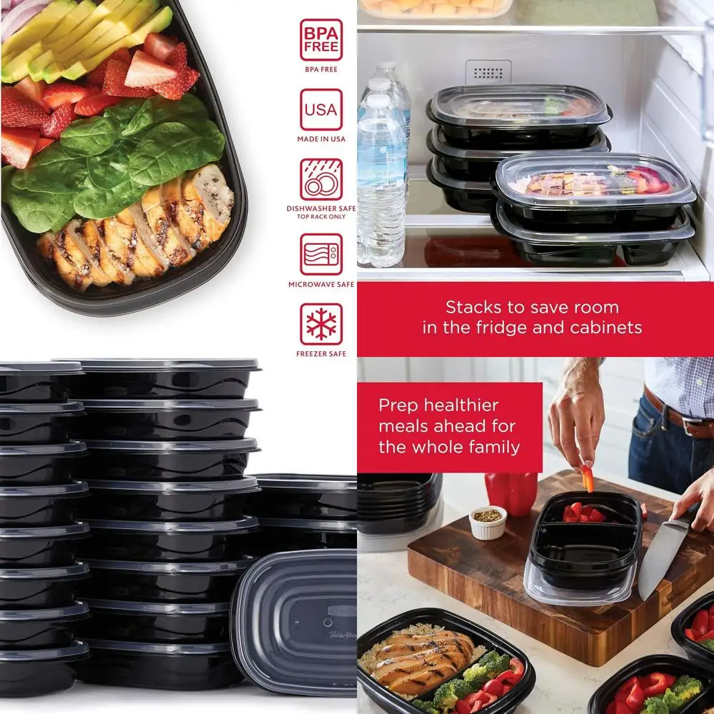 

Meal Prep Storage Set: 22 Containers (44 Pieces) - Reusable, Stackable, 4-Cup, Black