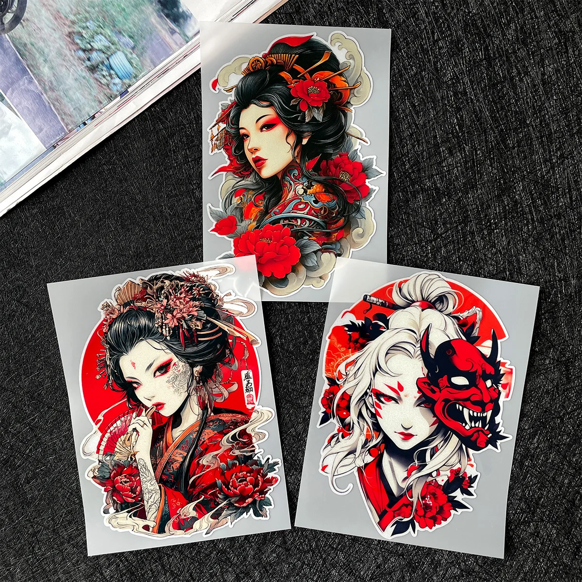 Traditional Japanese Geisha Demon Mask Stickers, Waterproof Red Floral Oriental Art Decals for Car Laptop