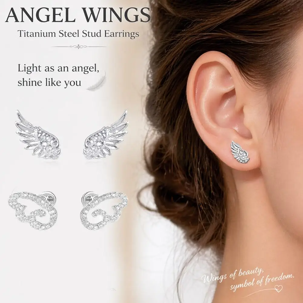 Angel Wings Stud Earrings Full Diamond Sparkly Geometric Hollow Ear Studs for Women Fashion Jewelry Accessories Gift