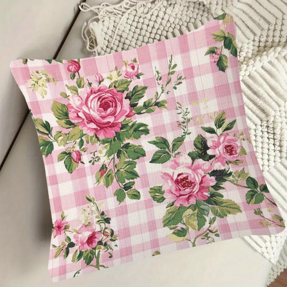1pc Pink White Gingham Rose Printed Throw Pillow Cover, Suitable for Sofa,Bedroom,Living Room,an Elegant Gift for Flower Lovers.