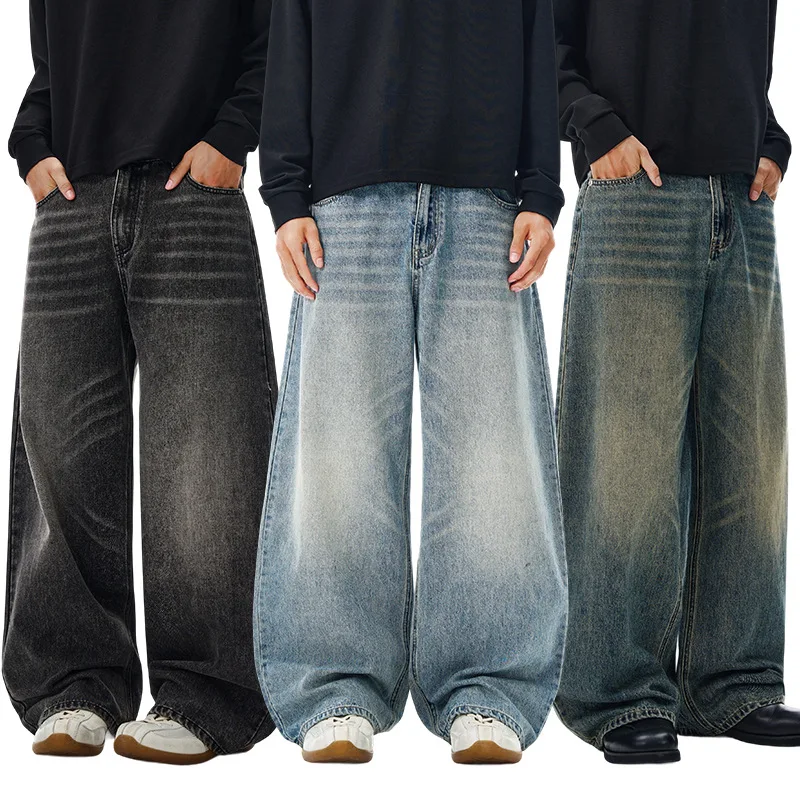 

Американские классические потертые джинсы Scimitar с кошачьими усами, мужские и женские длинные брюки свободного силуэта