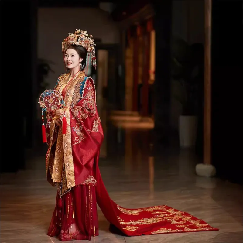 Hanhun Heavy Industry Antikes chinesisches Hochzeitskleid Phoenix Crown und roter Umhang Paar Set voller Drache