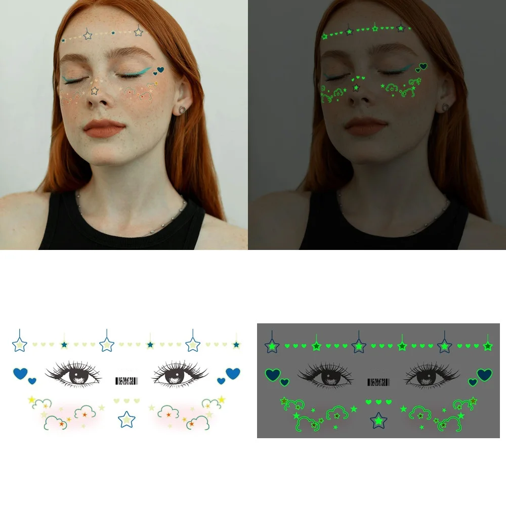 6 Sheets Luminous Face Tattoo For Women Body Art Stars Butterfly Freckles Tattoo Stickers Makeup Tools For Music Festival Gigs