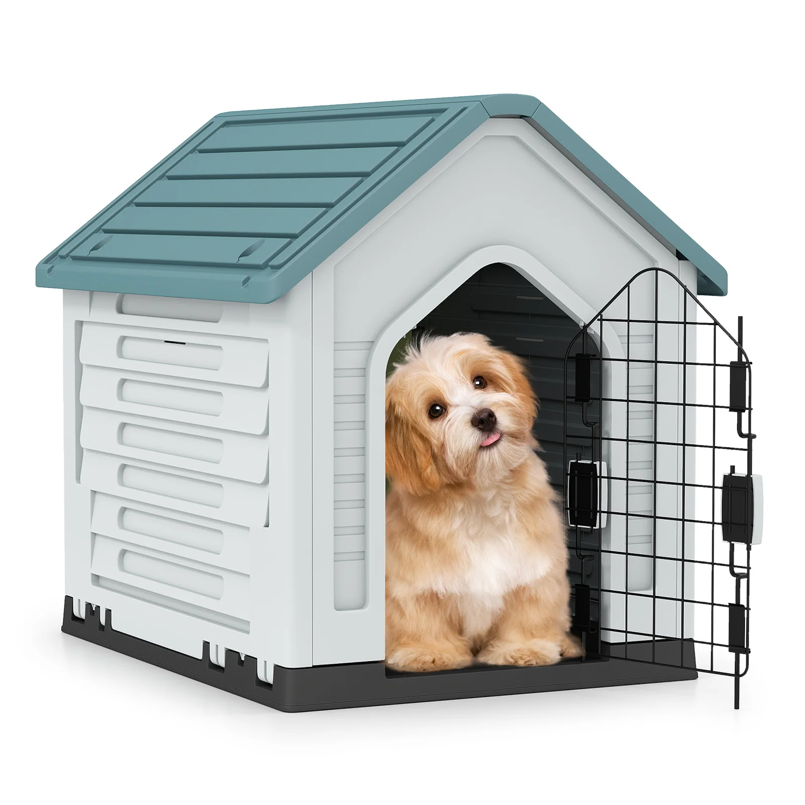 Caseta para Perros para Exteriores, Resistente a la Intemperie, con Puerta Metálica con Cerradura, Rejillas de Ventilación, Techo Inclinado