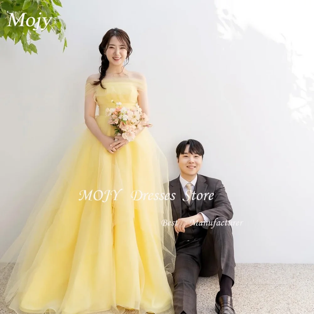 

Mojy Fairy Yellow A-line Wedding Party Dresses Strapless Shawl Pleat New Korea Photoshoot Party Dress 웨딩드레스 Customized 2025