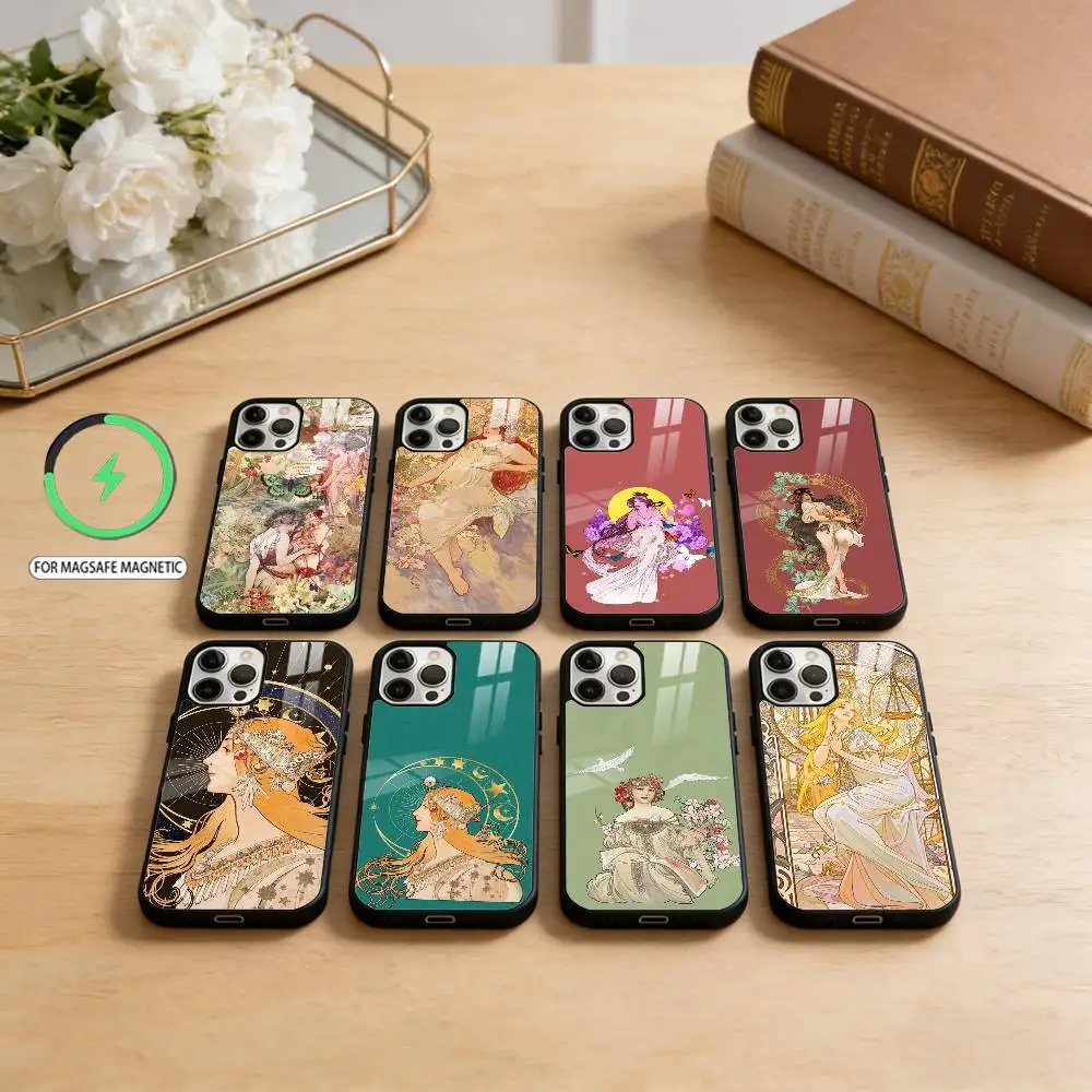 

V-Vintage Alphonse Mucha Phone Case For iPhone17,16,15,14,13,12,11 Plus,Pro Max Magnetic For Magsafe Wireless Charging