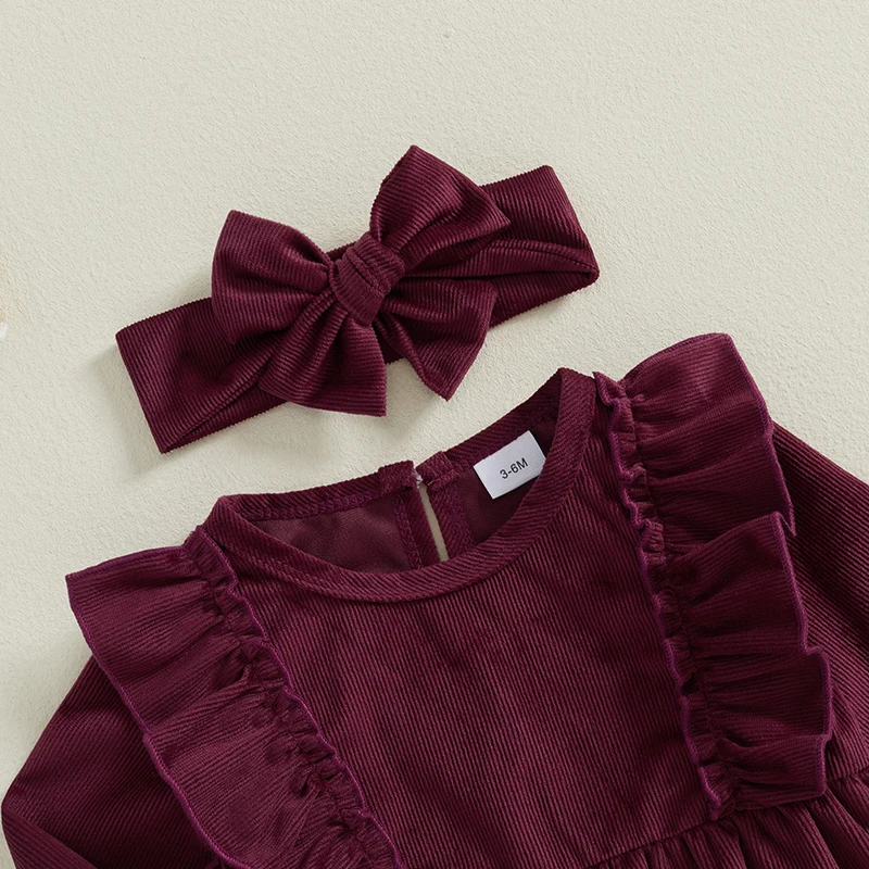 2-Piece Baby Girls Velvet Set Ruffled Trim Long Sleeve Round Neck Romper Headband Adorable Outfits