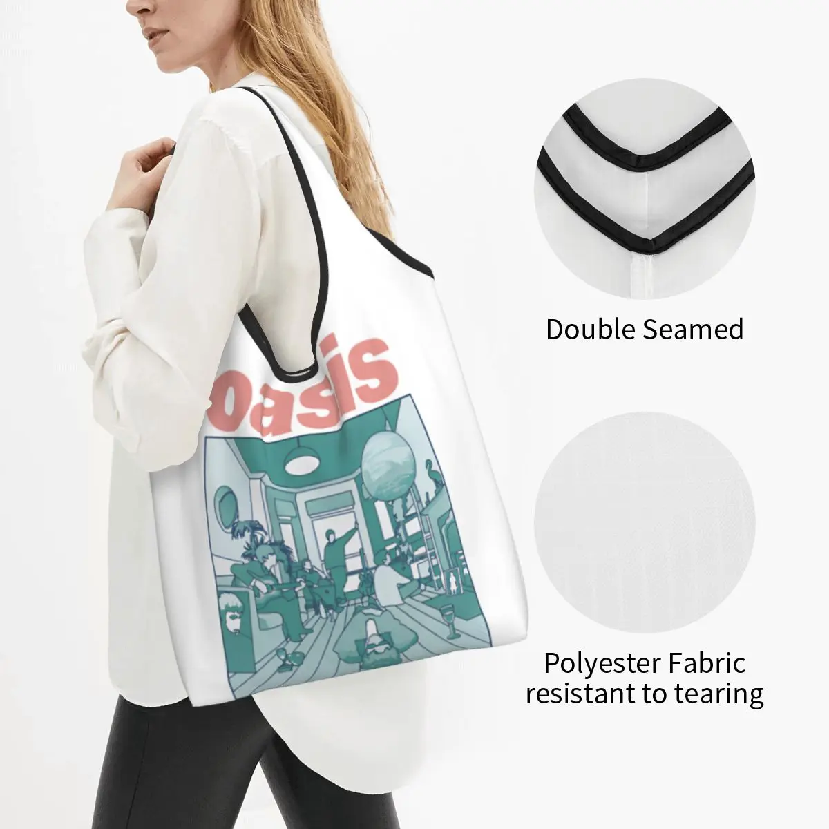 Large Reusable Definitely Maybe Artwork Band Grocery Bags Recycle Foldable O-Oasis Shopping Tote Bag Washable Waterproof