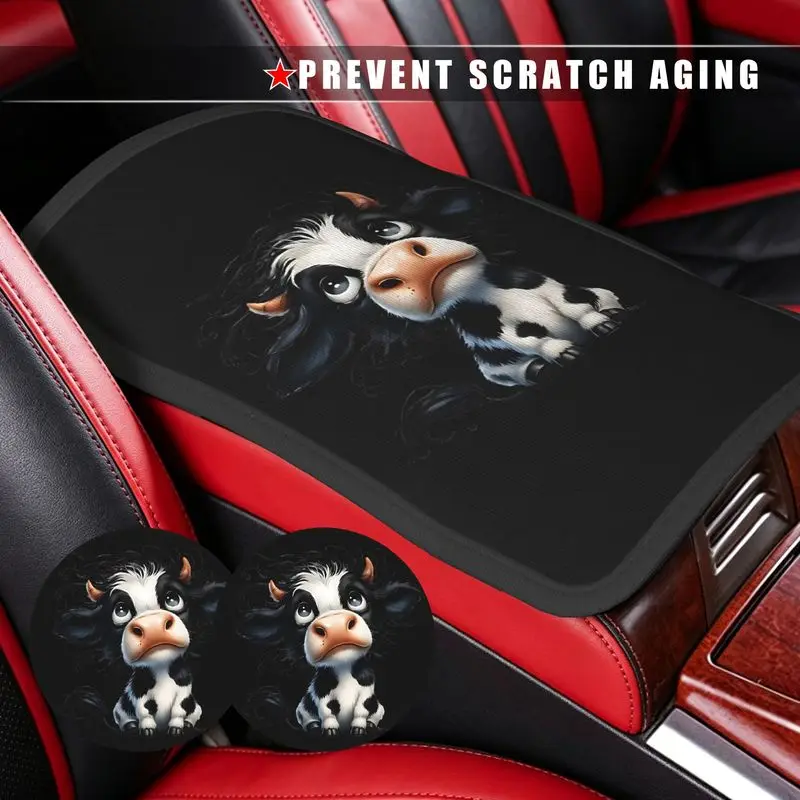 1Pc Car Armrest Cover + 2Pcs Cup Coasters, Cute Cartoon Cow Print, Car Interior Scratch Protection Set