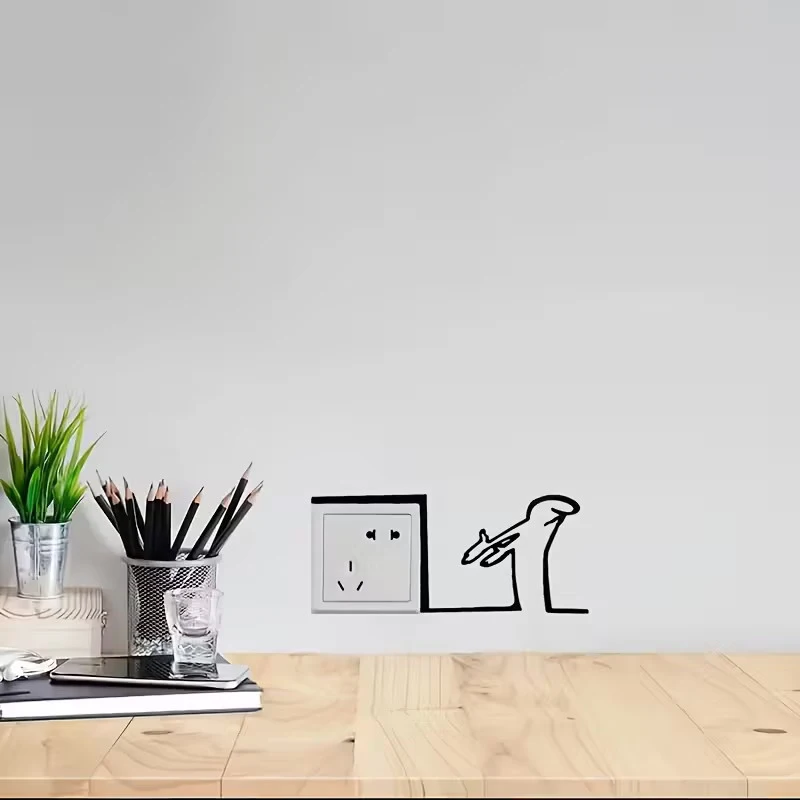 Cartoon Character Power Switch Minimalist La Linea Switch Sticker Decal Line Drawing Design Wall Decor For Home, Office, Cafe