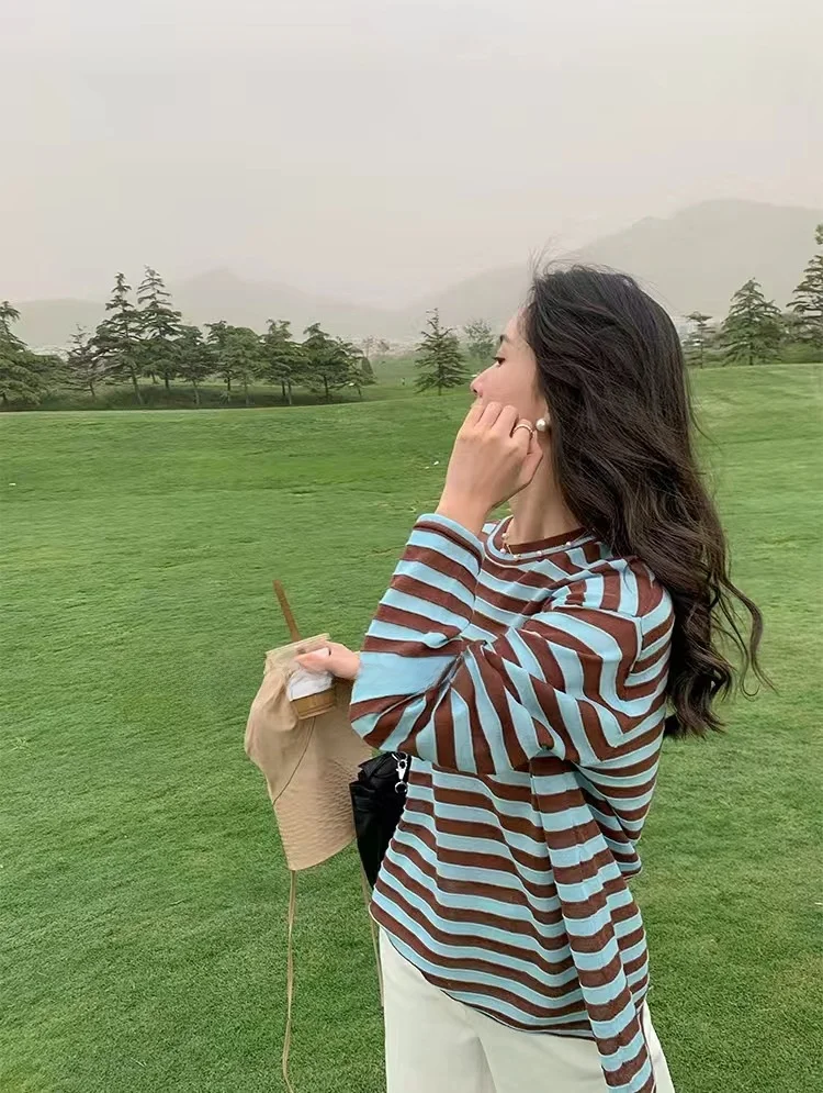 ملابس تريكو مخططة من الكتان من LICKYSENIOR ملابس خارجية صيفية رفيعة للحماية من الشمس ملابس خارجية فضفاضة عالية الجودة من TikTok Taobao بياقة بولو وأكمام طويلة #5