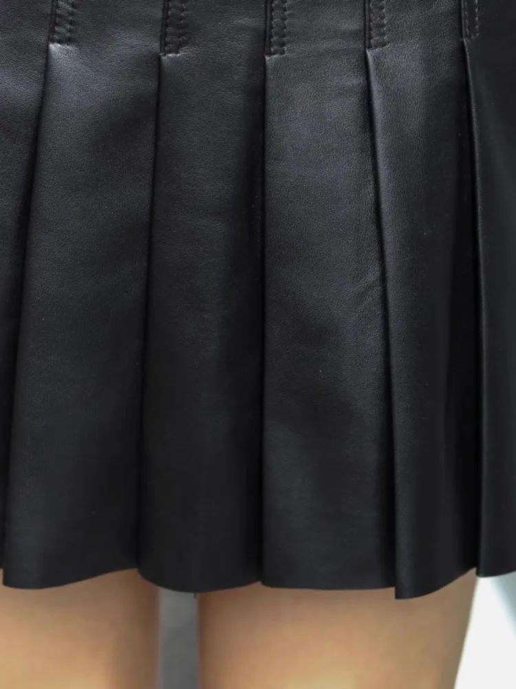 Mode femmes en cuir véritable jupe plissée taille haute printemps fermeture éclair a-ligne jupes couleur unie Streetwear jupe noire XS-4XL