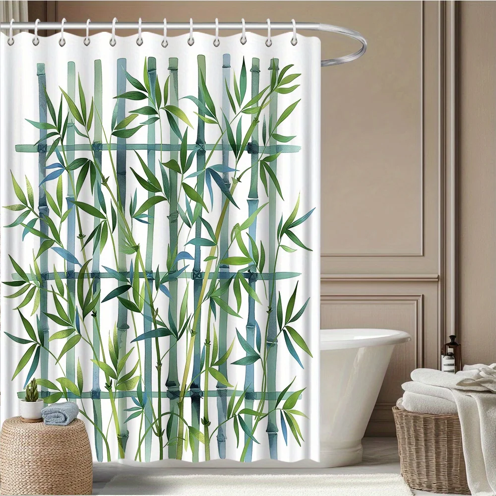 

Bamboo Shower Curtain Watercolor Green Blue Leaves, 2D Flat Print, Fade-Resistant Polyester, 12 Hooks, Light-Filtering Privacy