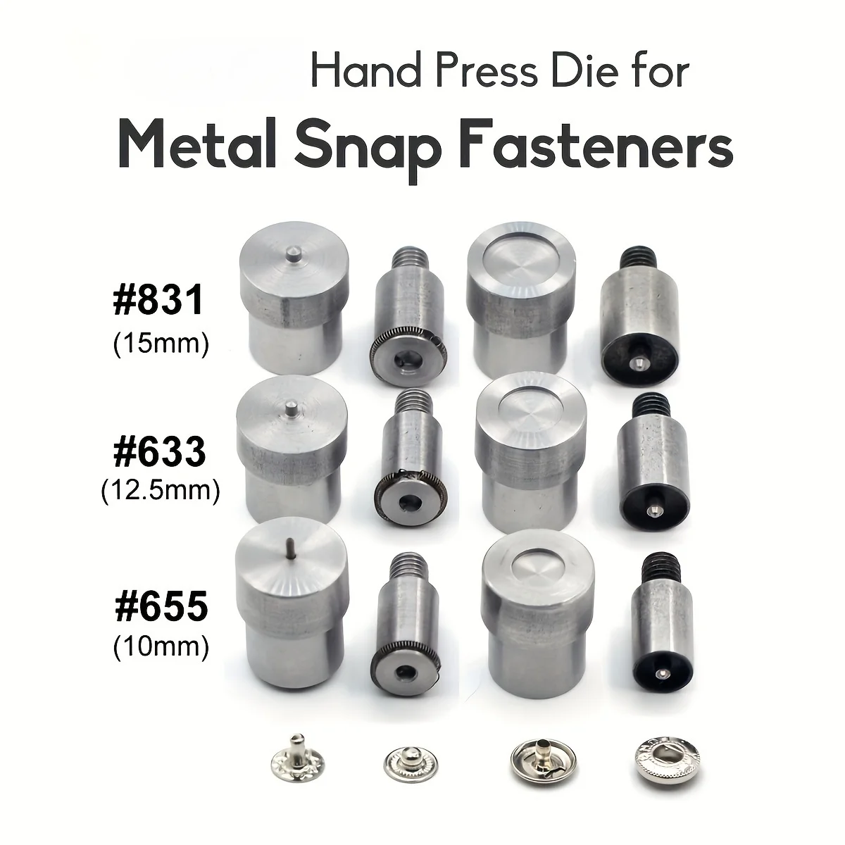 Stainless Steel Snap Button Die Set, Heavy Duty Press Fastener Tool for Hand Press Machines, Compatible with 651/633/831 Buttons
