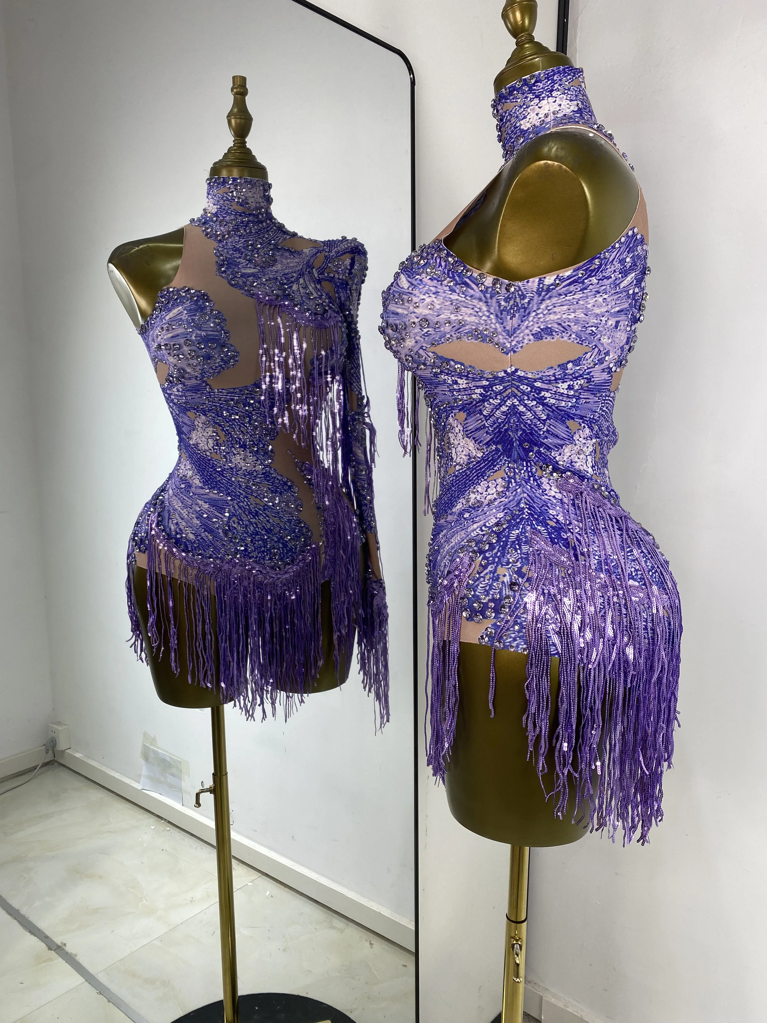 فستان رقص رياضي سباركلي كم فردي مرصع بأحجار الراين ترتر شرابة مطاطية من الألياف اللدنة فستان قاعة الرقص المنافسة يوتار #4