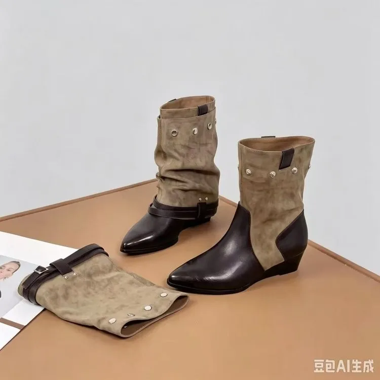 Pointed Leg Boot 2026 Fall New Retro Belt Buckle Studded Pile-Up European and American Short Boots Black Boots