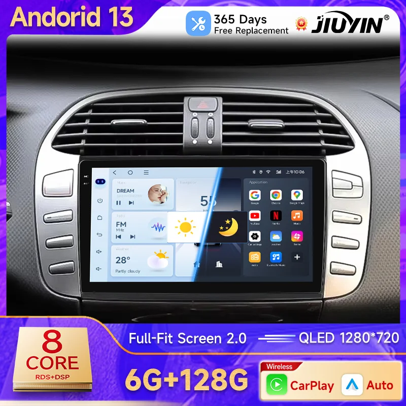 

JIUYIN Wireless CarPlay для Apple Android 13, автоматическое радио для Fiat Bravo 2007 2008 2009-2012, мультимедийный экран, стерео GPS, RDS DSP