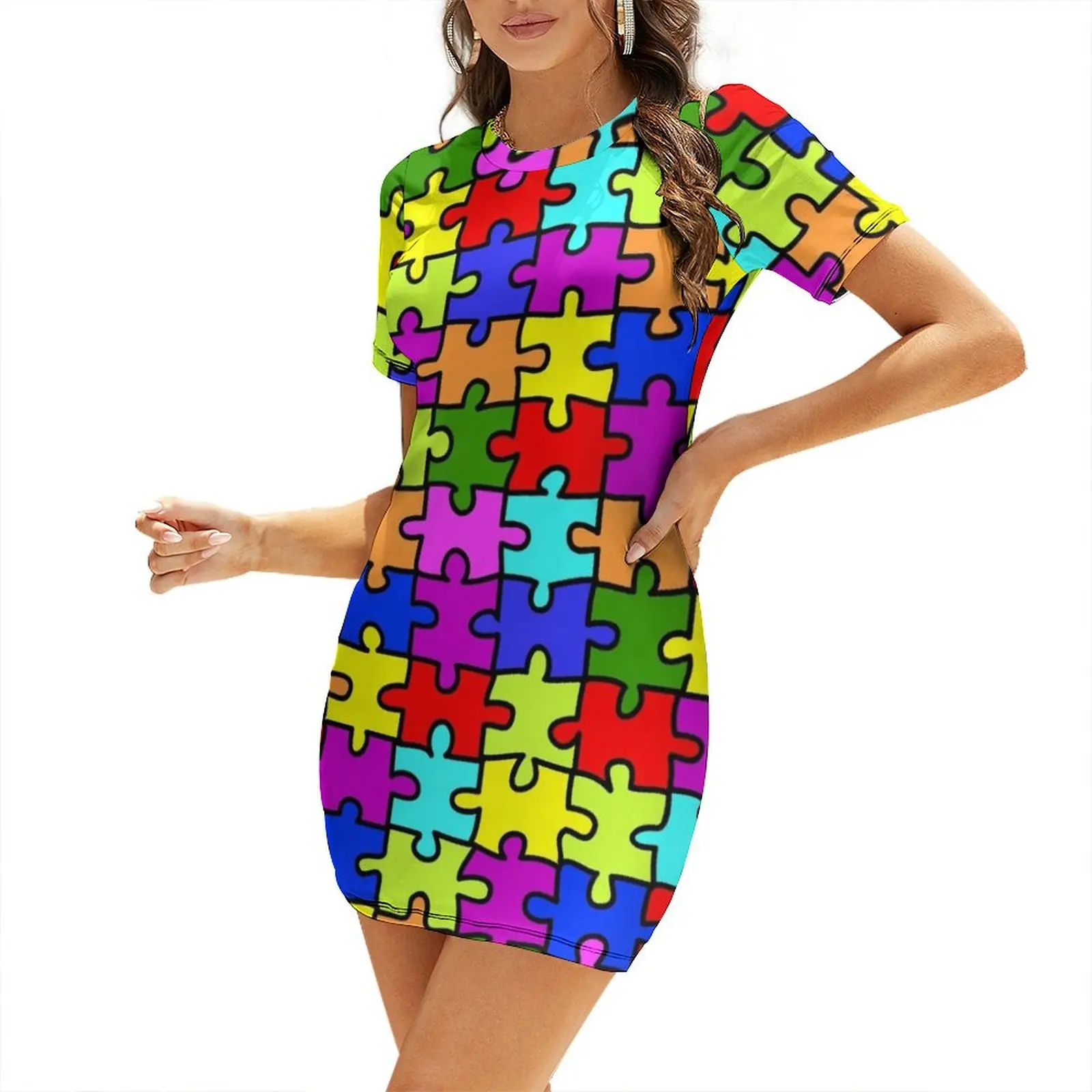 Colorful rainbow jigsaw puzzle pattern- autism awareness Short Sleeved Dress women long dresses dresses for women 2025