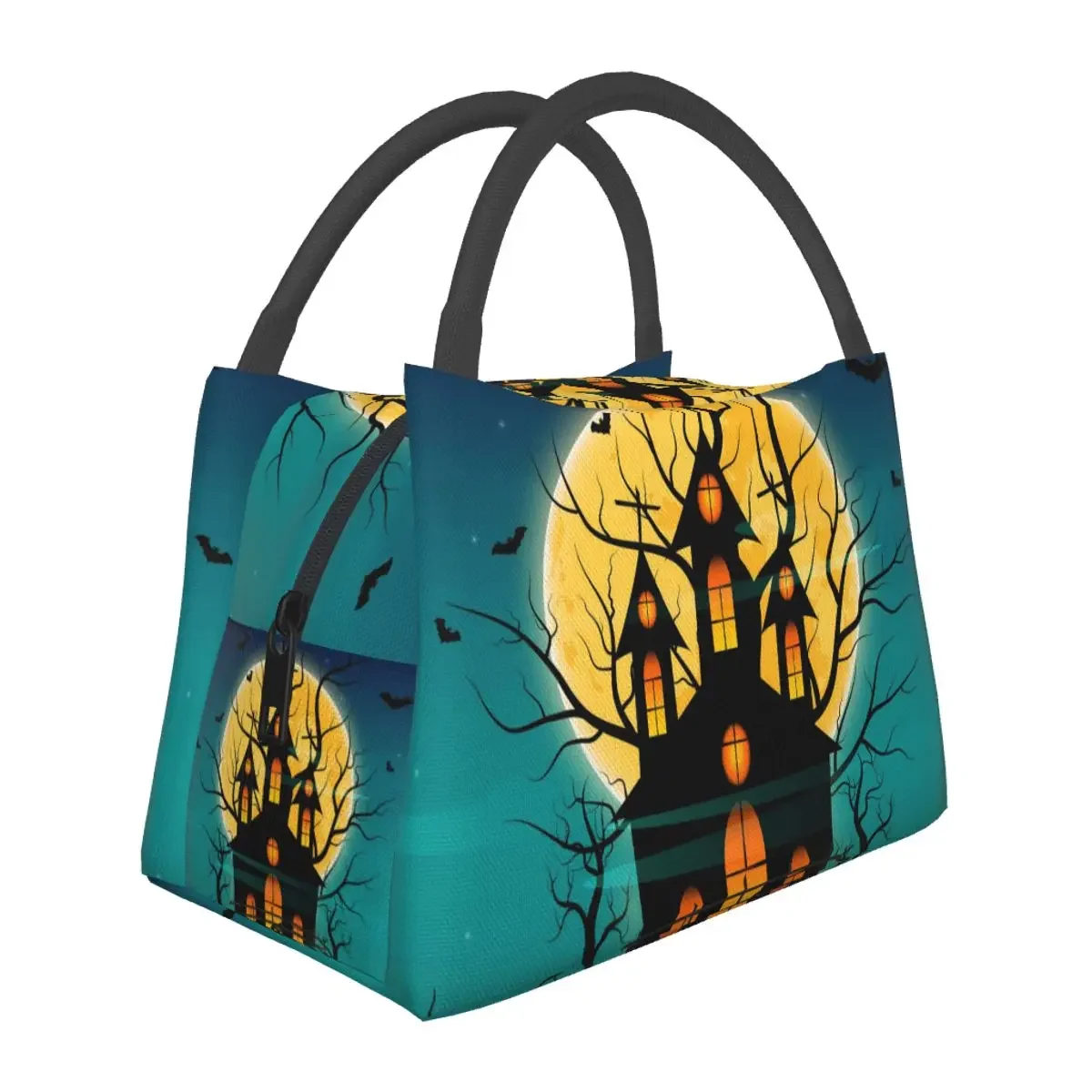 Halloween Night Haunted Mansion Lunch Bag Pumpkin Haunted House Portable Insulated Lunch Box Office Graphic Design Cooler Bag
