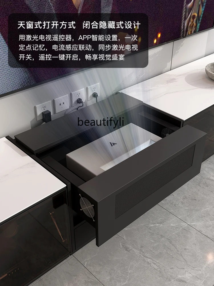 Stone Plate Laser TV Cabinet Projector 88-Inch Intelligent Electric Retractable Table Glass Floor Cabinet