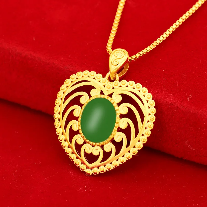 

Luxury 24K 9999 Pure Gold real gold Women's Gold Inlaid Jade Love Pendant Fashion Emerald Clavicle Chain