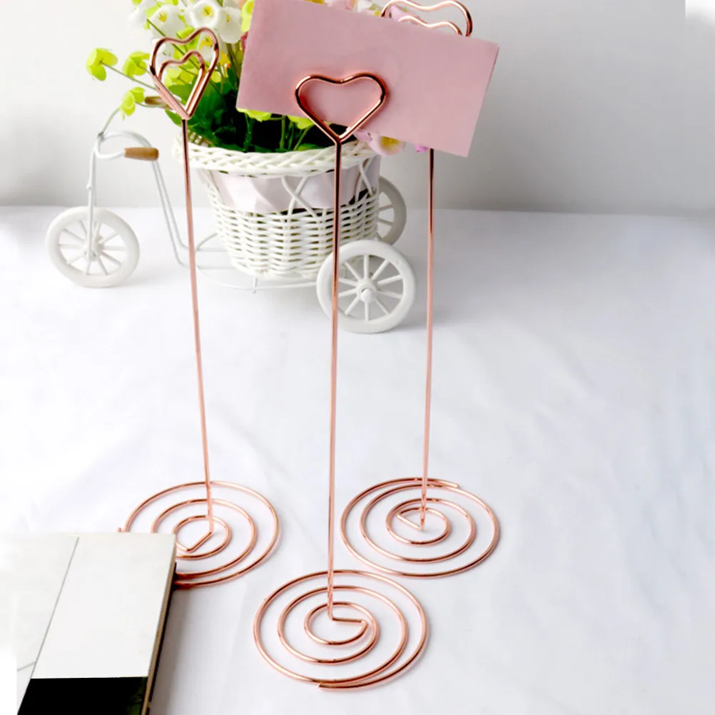 10Pcs Heart Shaped Memo Holder Desktop Note Clip with Flexible Wire Rope Base for Wedding Party Reception Photo Note Display