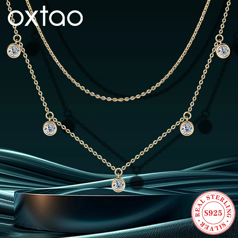 

OXTAO Women's Original Silve 925 4mm Moissanite Pendant Necklace With Certified Plated 14K Gold Double Chain Necklace Jewelry