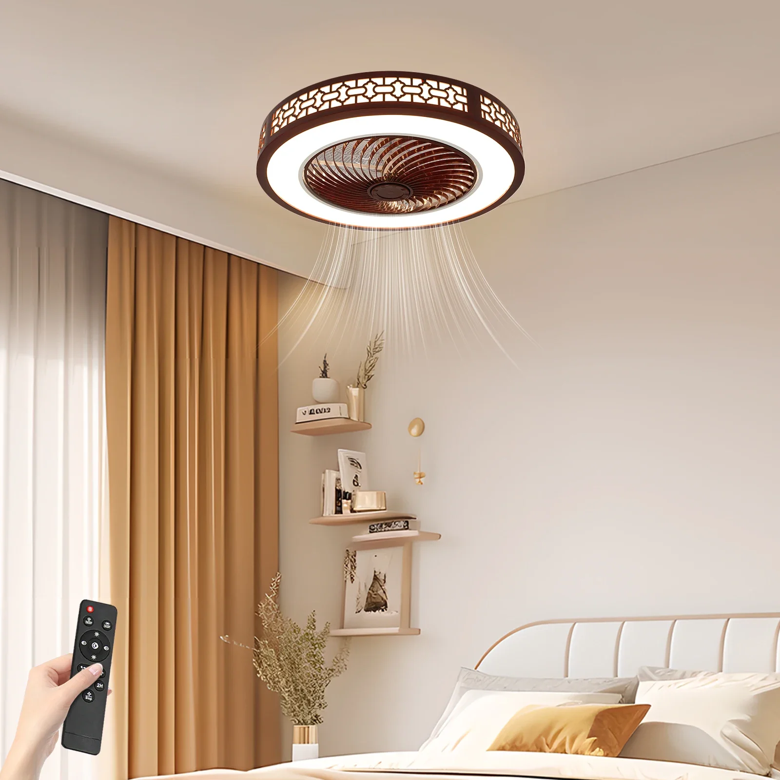 22 Inch Ceiling Fan with Light and Remote Control,Modern LED Semi Flush Mount Light Fandelier,Wood Design,Acrylic Blades
