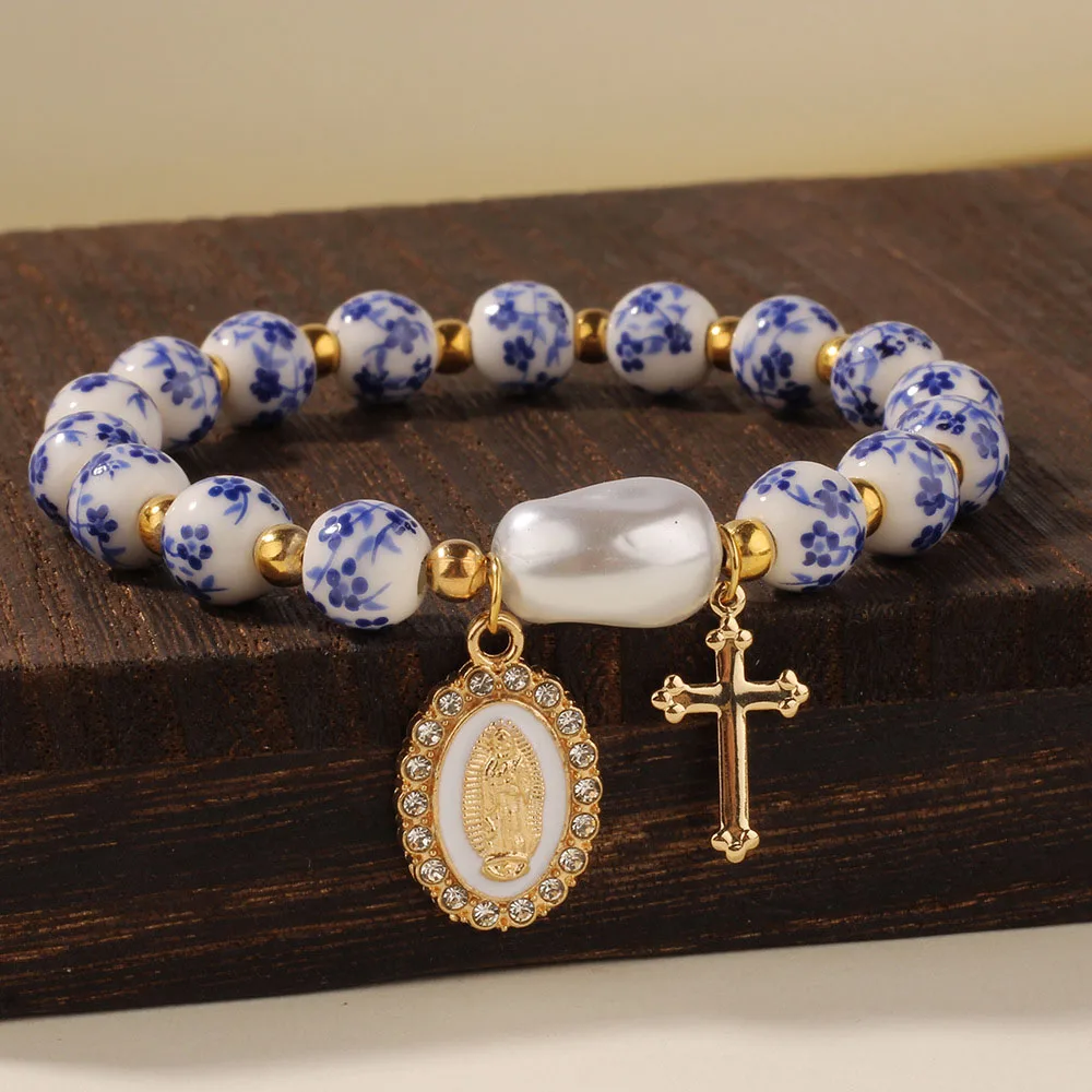 Handmade Porcelain Beads Bracelet Virgin Mary & Cross Charm Irregular Baroque Pearl Ceramic Hand Chains Lucky Protection Jewelry