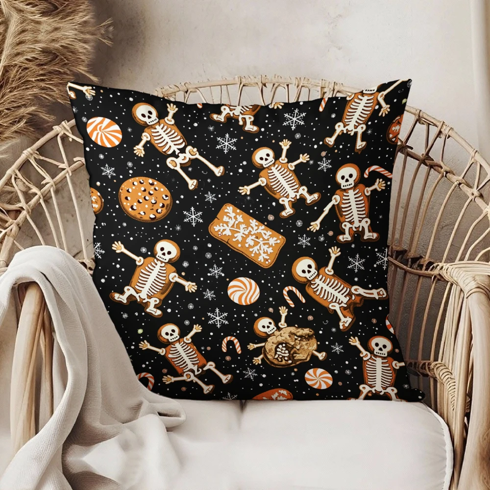 Square Throw Pillow Case Black Halloween Skeletons And Cookies Pattern For Home Sofa Chair Bedroom Decor