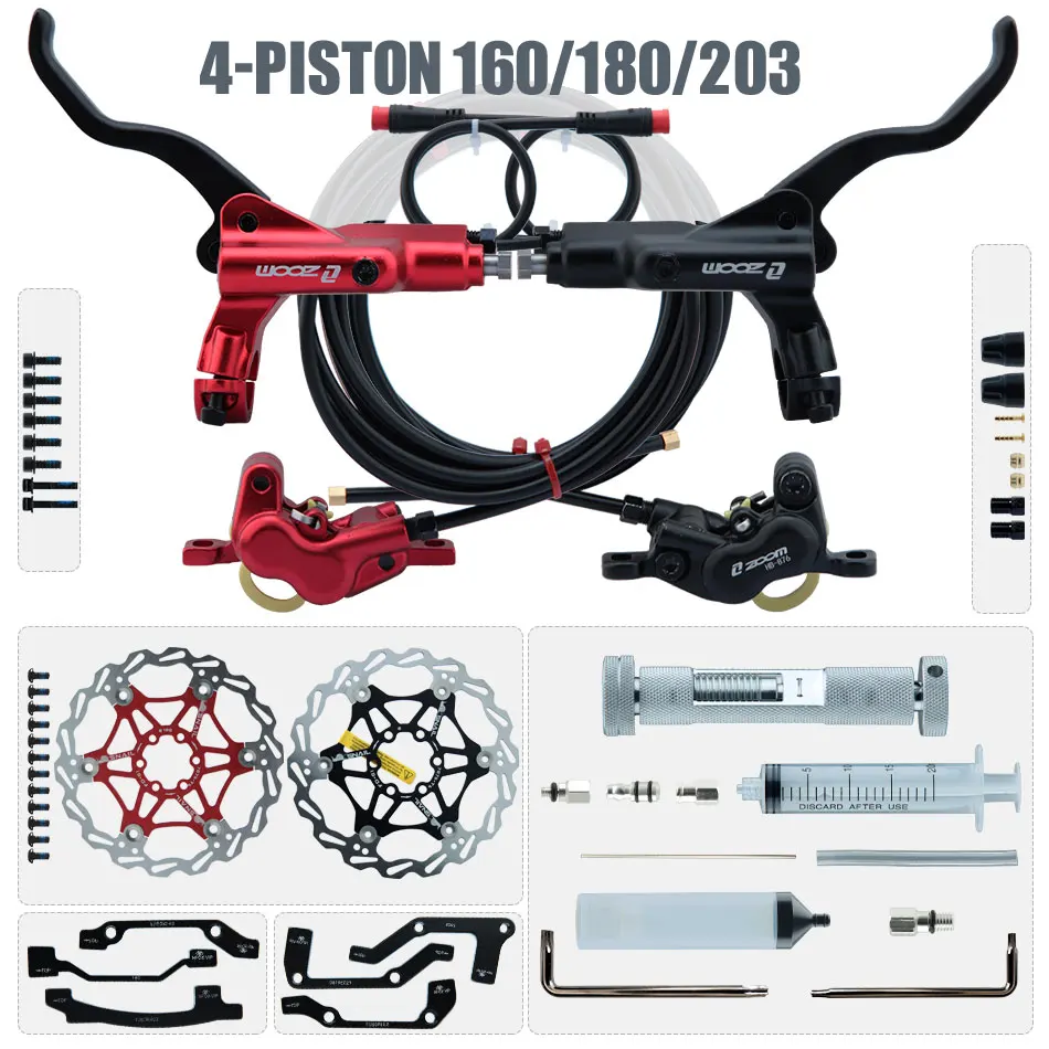 4-piston Hydraulic Disc Brake Electric Scooter Folding 203 Mountain Bike Power Off Black Red 160 Mtb Bike Riding Accessories