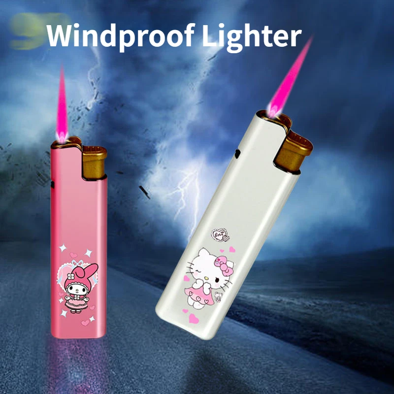 Disposable Metal Cartoon Lighter Windproof Strong Fire Power Fuel lighter Long Stripe Jet Straight Fire Cigar Lighter Men Gift