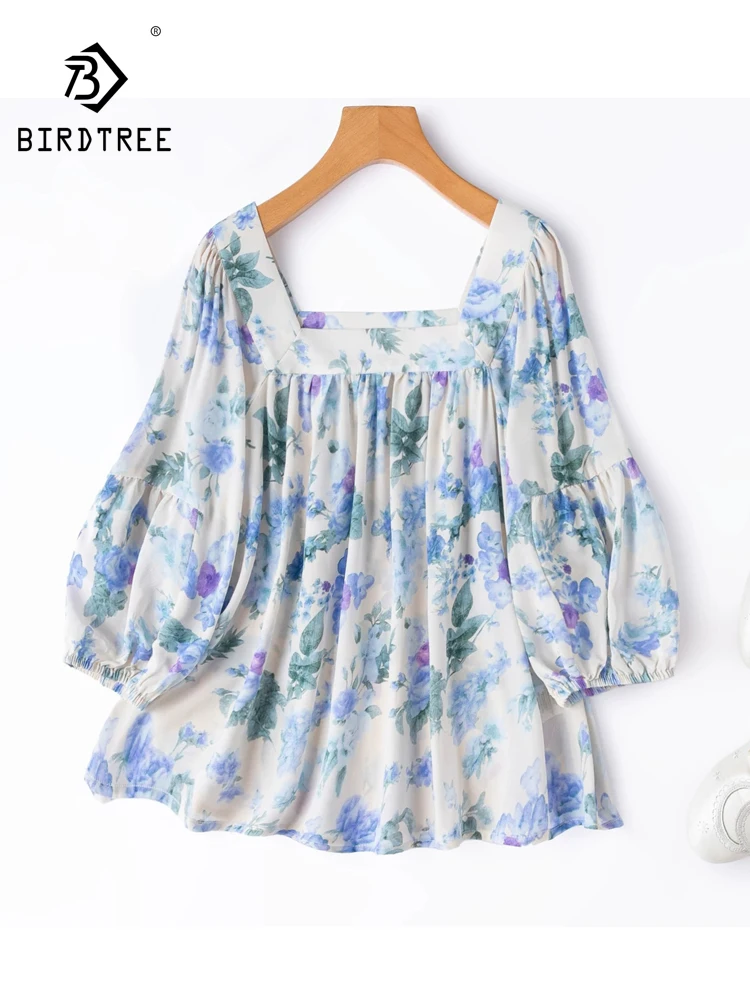 BirdTree-100%Real Silk Double Crepe Elegant T-Shirt, Square Collar Print, Women Age Reduction Loose Tops, 2026 Summer T67557CC