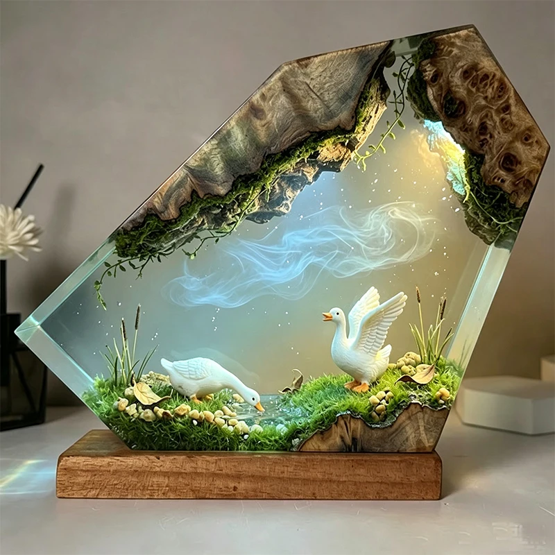 Wetland Swan Organism Resin Table Light Creactive Art Decoration Landscape Lamp Animals Theme Night Light  USB Charge